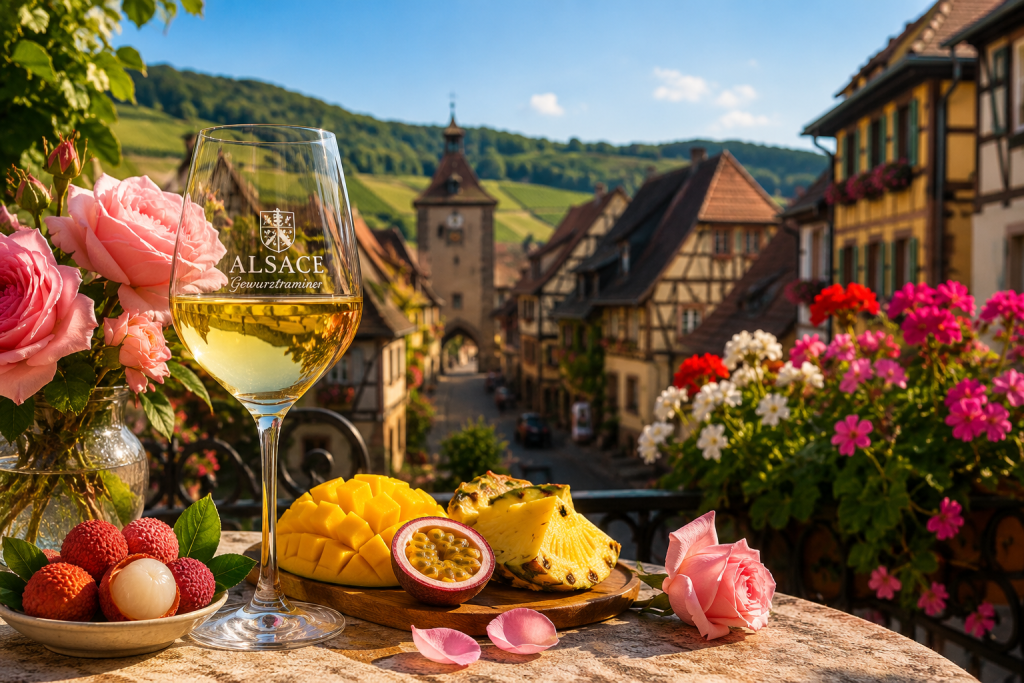 Verre de Gewurztraminer d'Alsace sur une terrasse fleurie avec roses, litchis et vue sur un village de la Route des Vins d'Alsace en été.