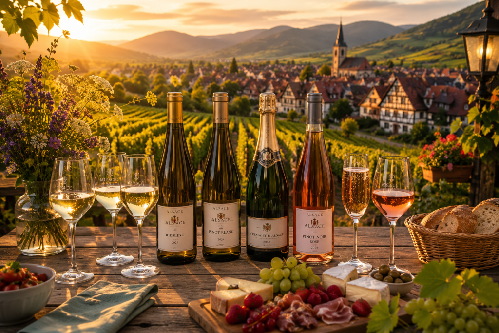 Table dressée au cœur des vignobles d’Alsace en été avec plusieurs vins d’Alsace, Riesling, Pinot Blanc et Crémant d’Alsace, lors d’une soirée conviviale au coucher du soleil.