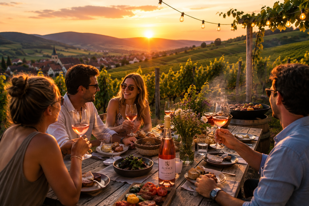 Soirée d'été dans les vignobles d'Alsace avec dégustation de Pinot Noir Rosé autour d'un repas convivial au coucher du soleil.