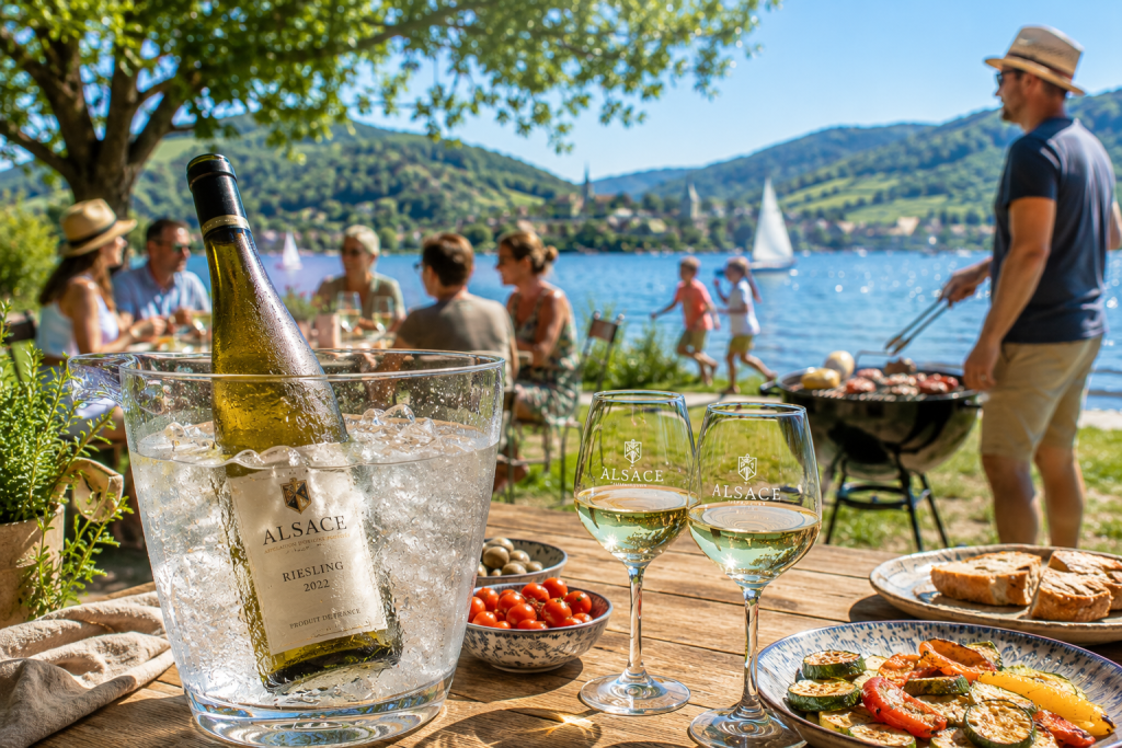Bouteille de Riesling d'Alsace rafraîchie dans un seau rempli de glace lors d'un barbecue estival au bord d'un lac, sous un soleil éclatant.