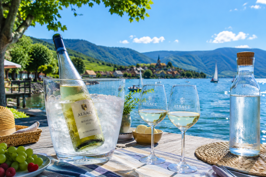 Bouteille de Riesling d'Alsace rafraîchissant dans un seau rempli de glace au bord d'un lac lors d'une journée d'été ensoleillée.