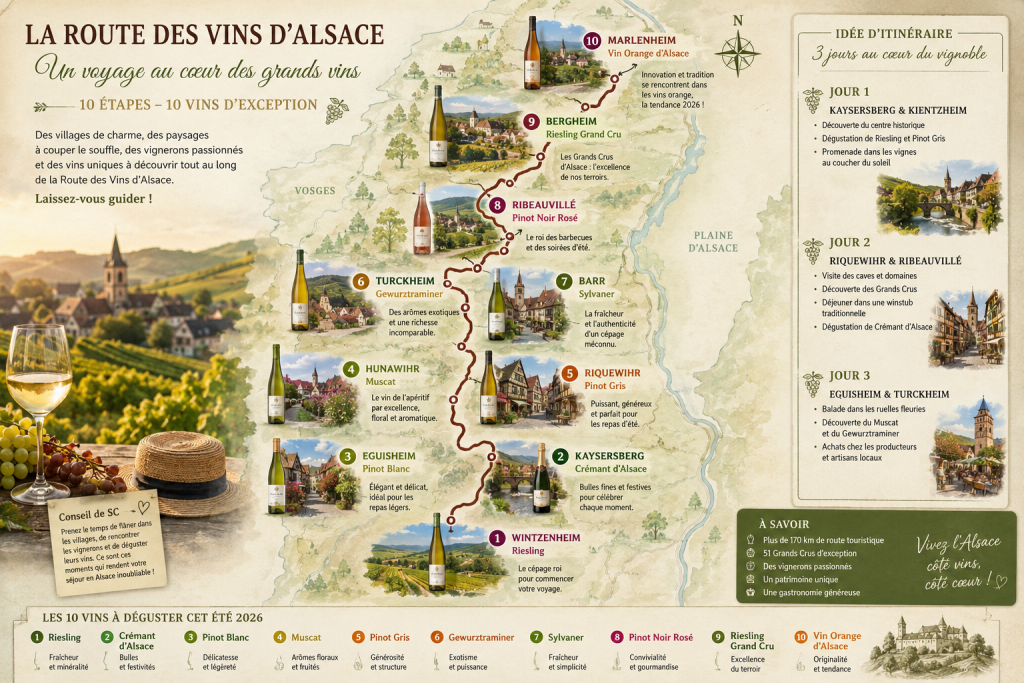 Carte illustrée de la Route des Vins d'Alsace présentant les 10 meilleurs vins d'Alsace à déguster pendant l'été 2026, avec les villages viticoles emblématiques, les Grands Crus et un itinéraire œnotouristique à travers le vignoble alsacien.