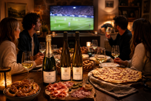 Soirée Coupe du Monde France – Irak autour des vins d’Alsace, planche apéritive, flammekueche et ambiance conviviale entre amis.