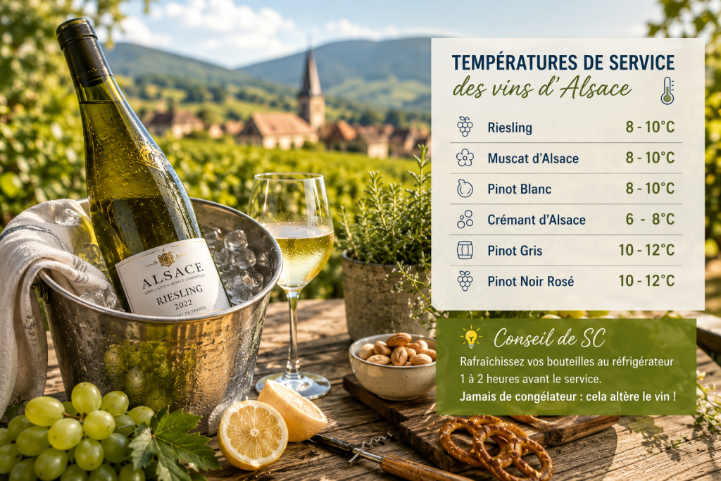 Bouteille de Riesling d’Alsace dans un seau à glace avec tableau des températures idéales de service des vins d’Alsace pendant la canicule estivale.