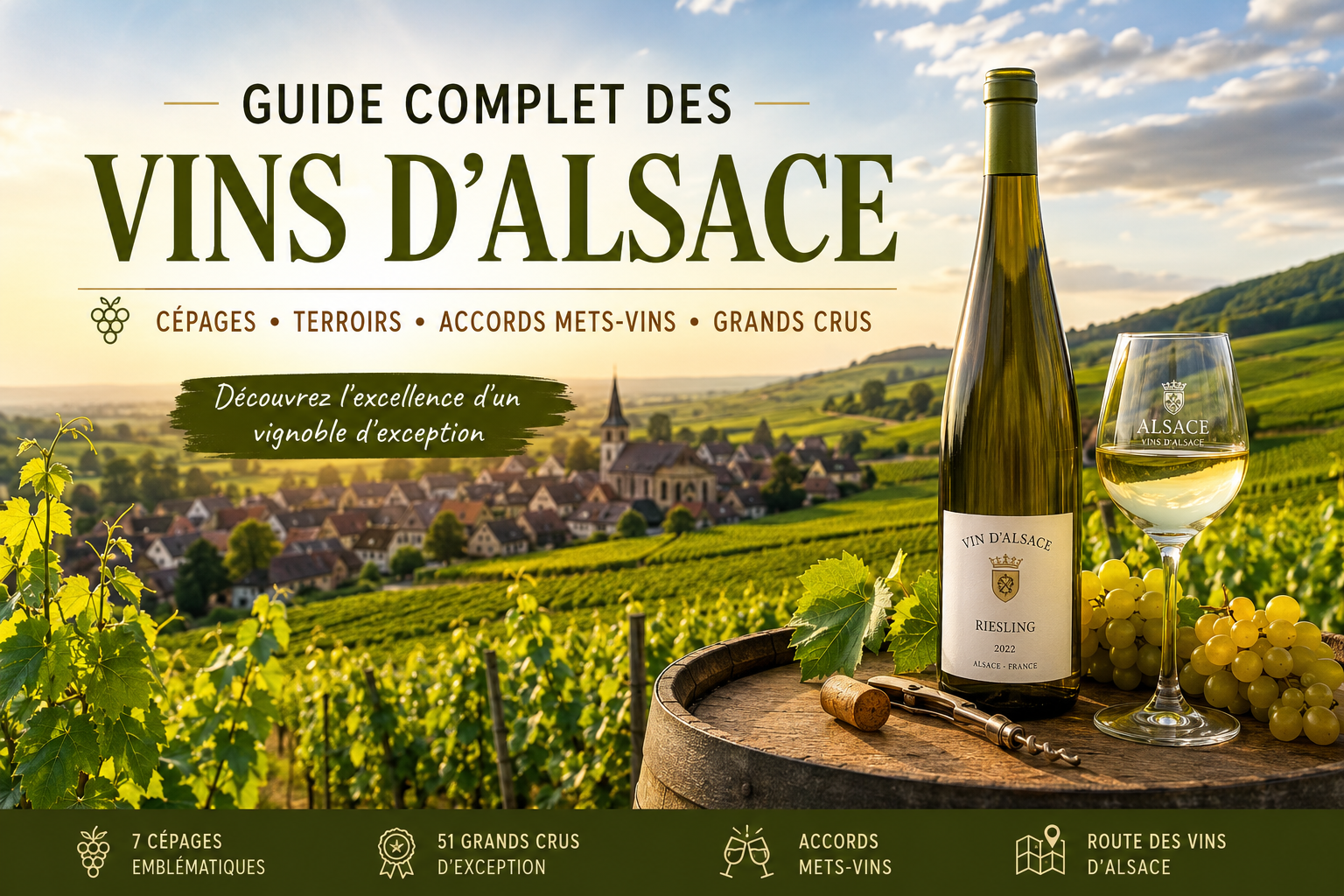 Guide complet des vins d'Alsace avec vignoble, bouteille de Riesling et village alsacien au coucher du soleil