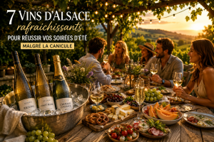 Grande table conviviale en terrasse avec vins d'Alsace frais, Riesling et Crémant d'Alsace, lors d'une soirée d'été entre amis pendant la canicule.