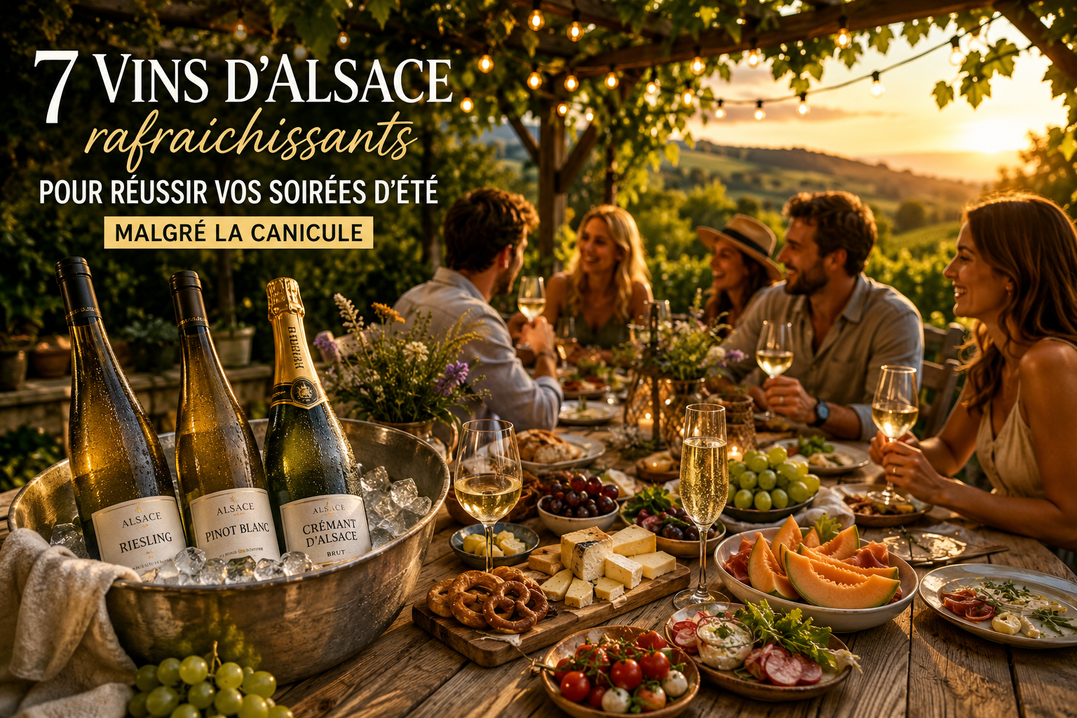 Grande table conviviale en terrasse avec vins d'Alsace frais, Riesling et Crémant d'Alsace, lors d'une soirée d'été entre amis pendant la canicule.