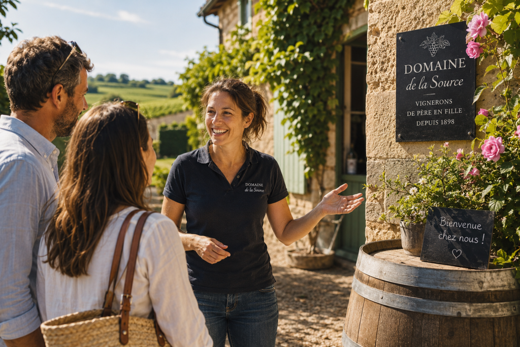Une vigneronne accueille chaleureusement des visiteurs devant son domaine viticole, illustrant l'importance d'un accueil authentique, de l'échange et du partage dès les premiers instants d'une visite.