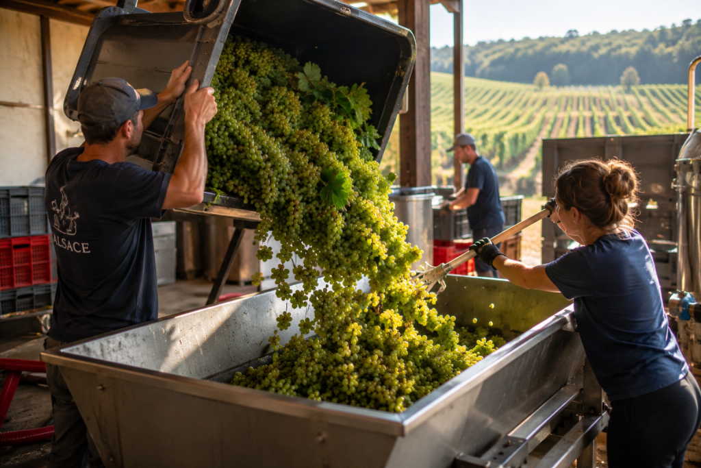 Équipe réceptionnant des grappes de raisin au chai pendant les vendanges en Alsace