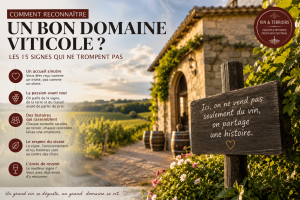 Domaine viticole entouré de vignes au coucher du soleil, illustrant les critères qui permettent de reconnaître un domaine authentique où l'accueil, le terroir et le partage sont au cœur de l'expérience.