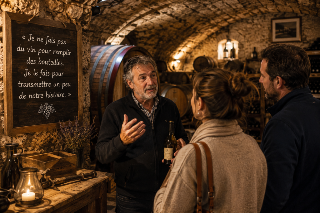 Un vigneron partage avec passion l'histoire de son domaine et de ses vins lors d'une dégustation dans une cave voûtée traditionnelle.
