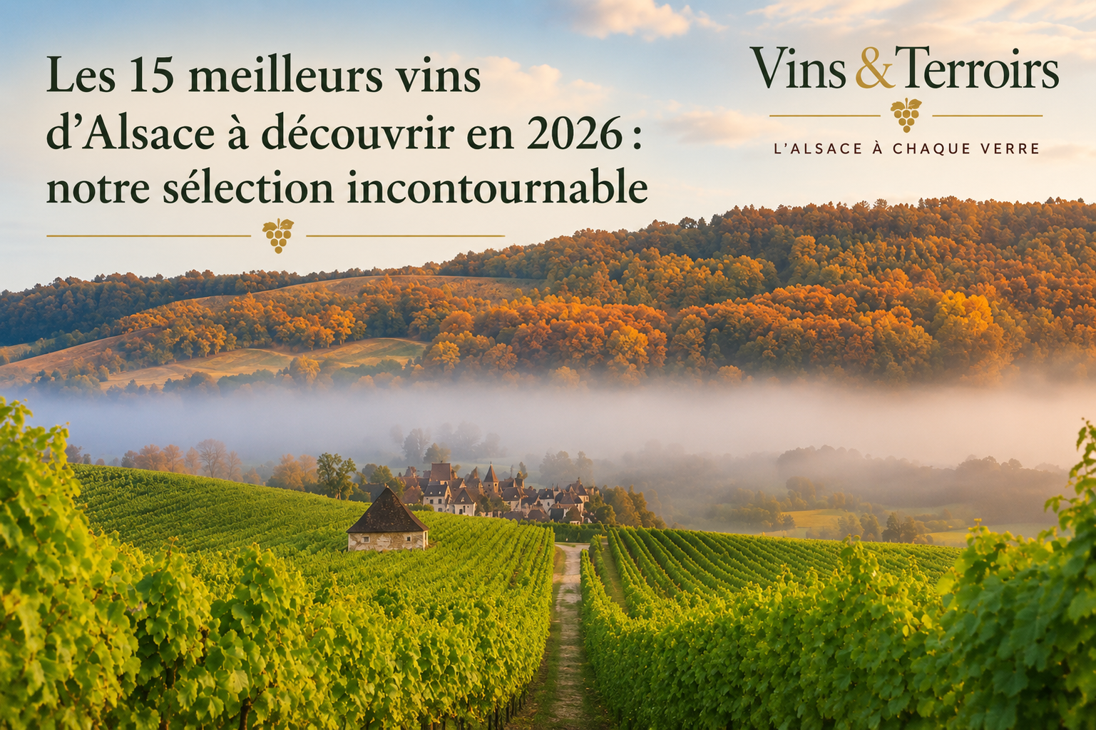 Panorama des vignobles d’Alsace au lever du jour illustrant notre sélection des 15 meilleurs vins d’Alsace à découvrir en 2026.