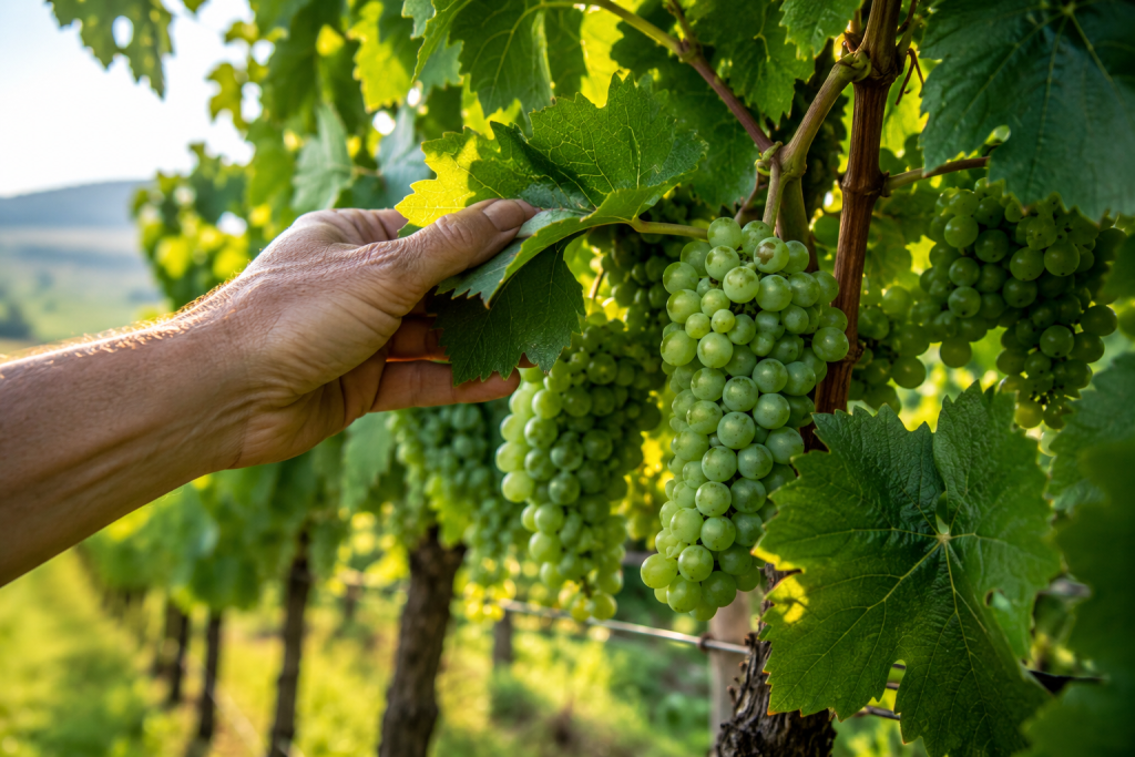 Vigneron observant des grappes de raisin dans une vigne en Alsace