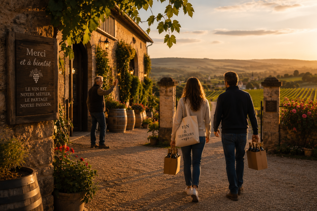 Des visiteurs quittent un domaine viticole avec quelques bouteilles tandis que le vigneron leur adresse un dernier salut devant les vignes baignées par la lumière de fin de journée.