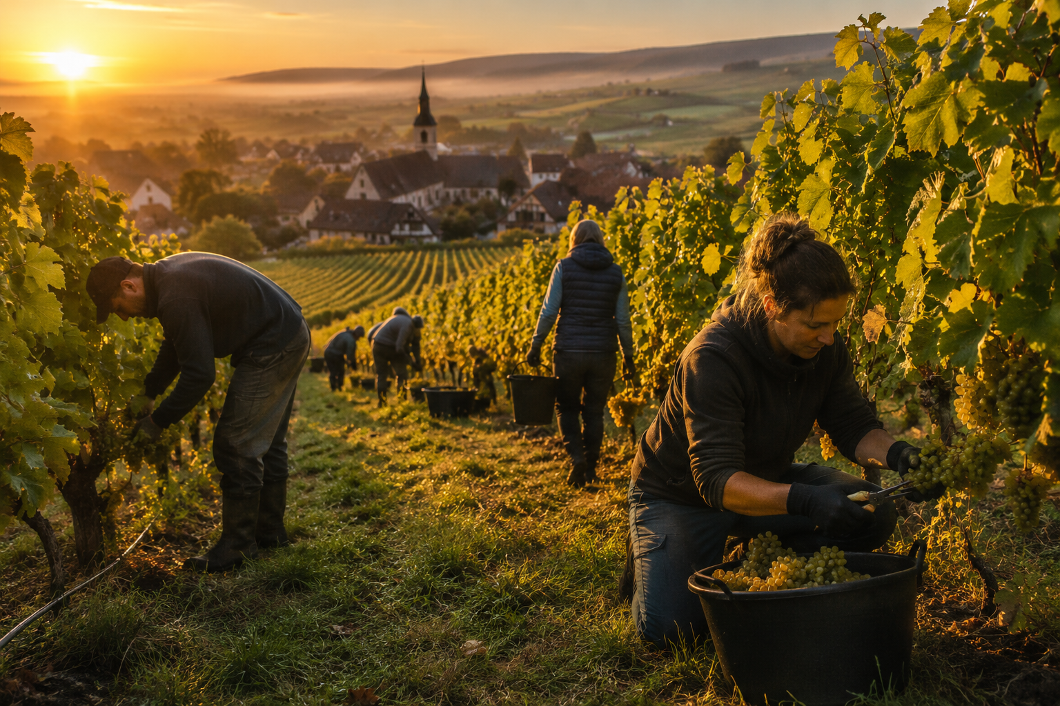 Vendanges, Vendangeurs récoltant le raisin au lever du soleil dans un vignoble alsacien